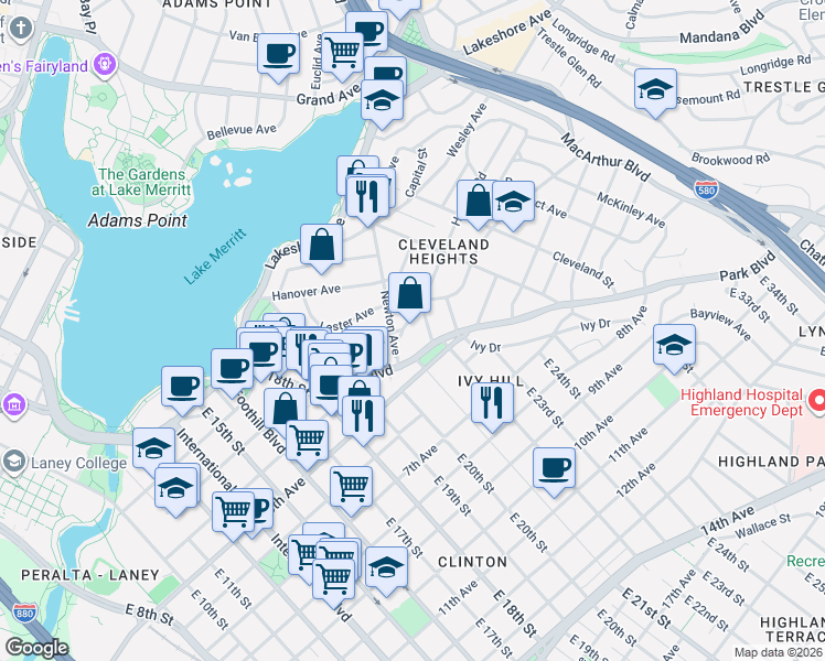 map of restaurants, bars, coffee shops, grocery stores, and more near 300 Newton Avenue in Oakland