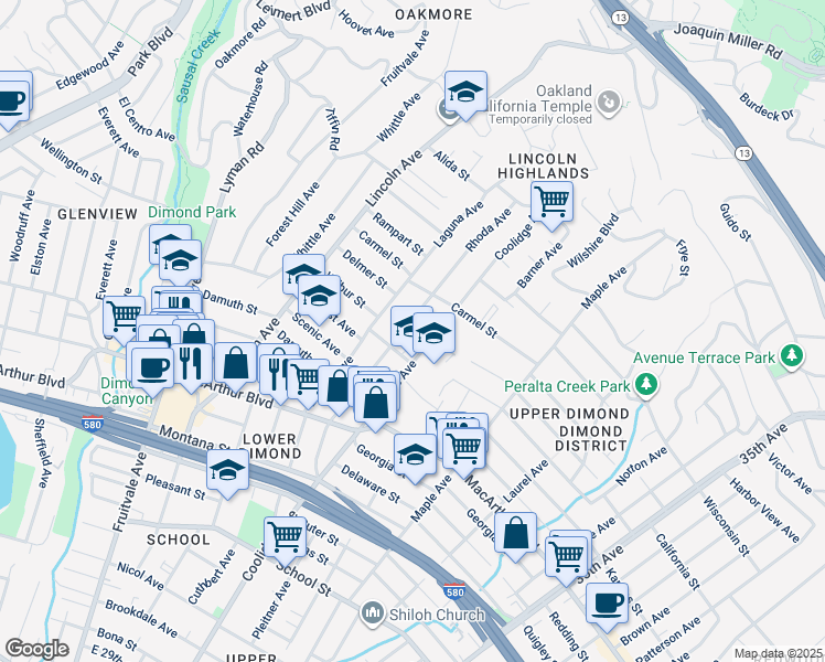 map of restaurants, bars, coffee shops, grocery stores, and more near 3840 Rhoda Avenue in Oakland
