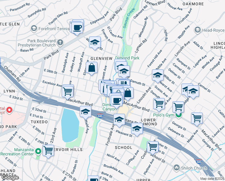 map of restaurants, bars, coffee shops, grocery stores, and more near 3541 Dimond Avenue in Oakland