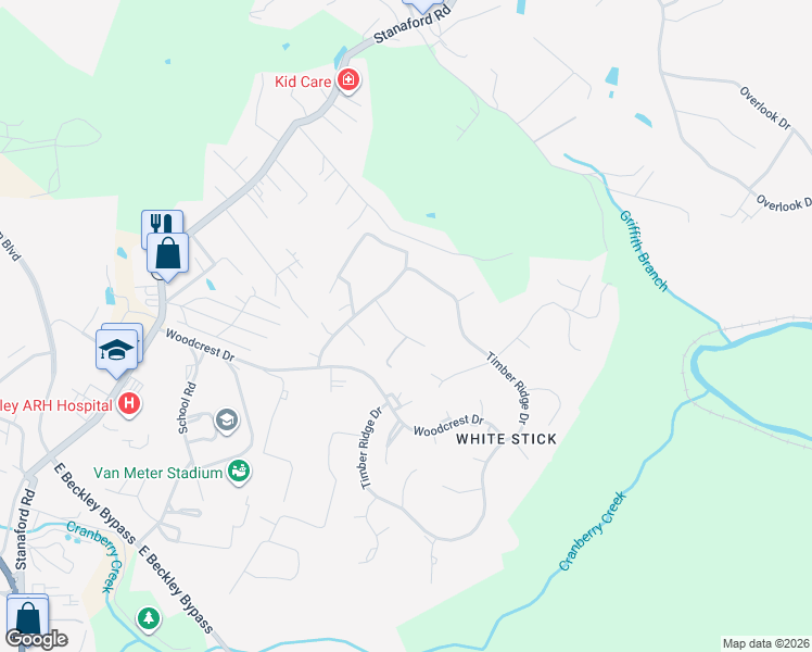 map of restaurants, bars, coffee shops, grocery stores, and more near 38 Avocet Way in Beckley