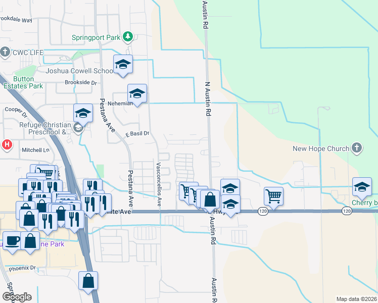 map of restaurants, bars, coffee shops, grocery stores, and more near 2171 Garden Circle Drive West in Manteca