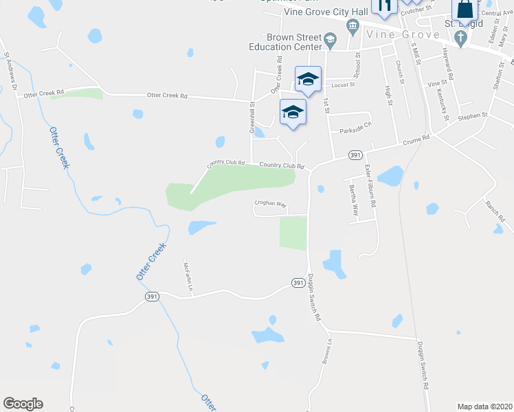 map of restaurants, bars, coffee shops, grocery stores, and more near 127 Croghan Way in Vine Grove