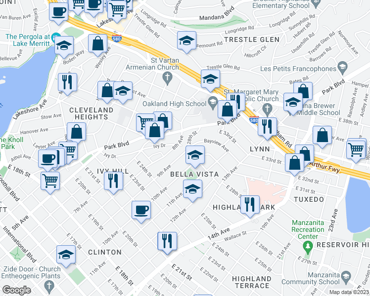 map of restaurants, bars, coffee shops, grocery stores, and more near 2739 9th Avenue in Oakland
