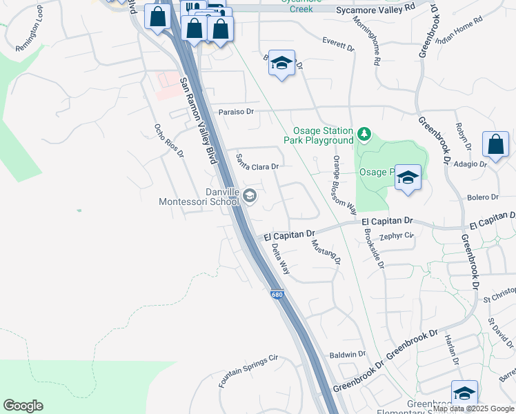 map of restaurants, bars, coffee shops, grocery stores, and more near 408 Silver Chief Way in Danville