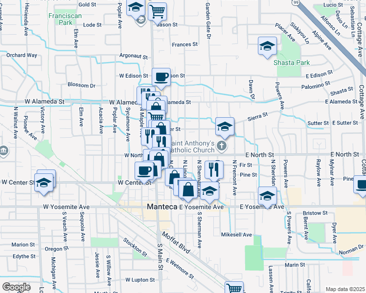 map of restaurants, bars, coffee shops, grocery stores, and more near 311 East North Street in Manteca
