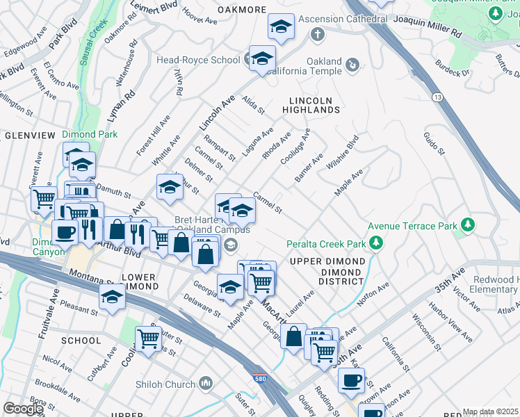 map of restaurants, bars, coffee shops, grocery stores, and more near 3872 Coolidge Avenue in Oakland