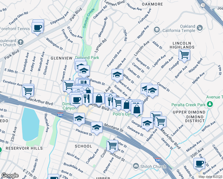 map of restaurants, bars, coffee shops, grocery stores, and more near 2445 Scenic Avenue in Oakland