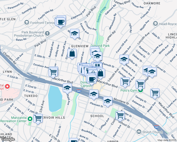map of restaurants, bars, coffee shops, grocery stores, and more near 3541 Dimond Avenue in Oakland