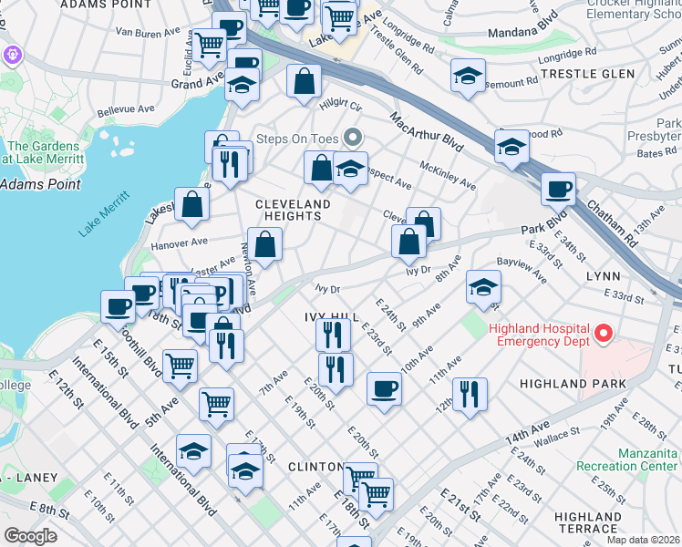 map of restaurants, bars, coffee shops, grocery stores, and more near 2348 Park Boulevard in Oakland