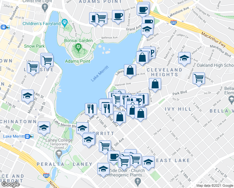 map of restaurants, bars, coffee shops, grocery stores, and more near 227 Wayne Avenue in Oakland