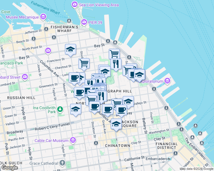 map of restaurants, bars, coffee shops, grocery stores, and more near 1448 Kearny Street in San Francisco