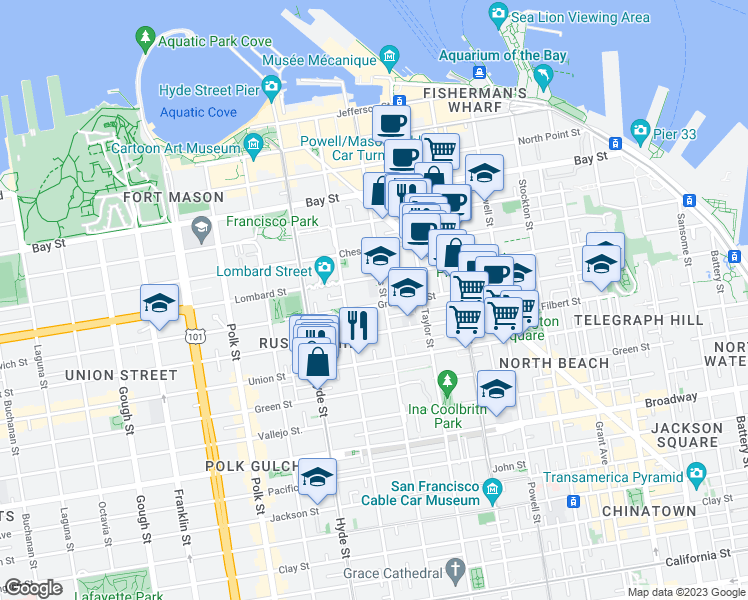 map of restaurants, bars, coffee shops, grocery stores, and more near 1020 Greenwich Street in San Francisco