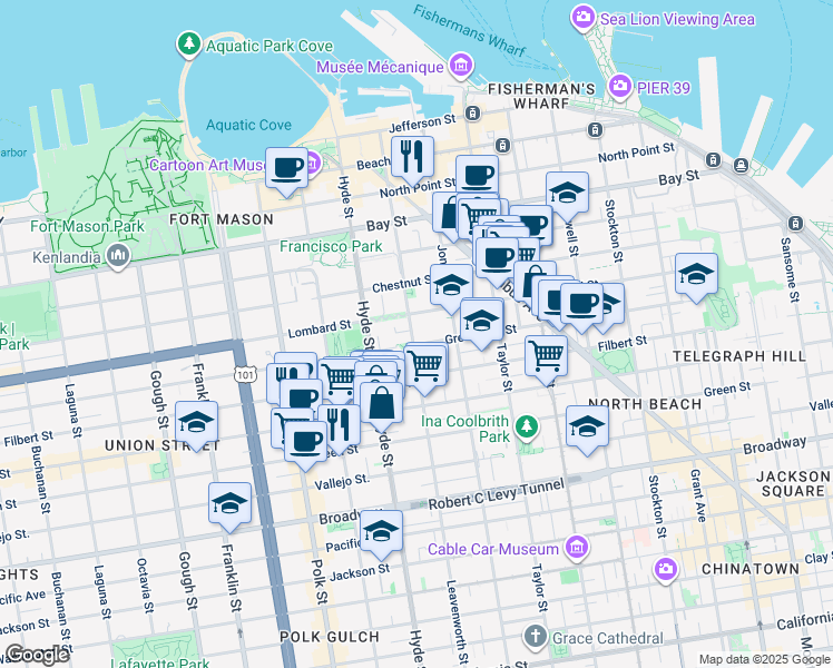 map of restaurants, bars, coffee shops, grocery stores, and more near 2215 Leavenworth Street in San Francisco