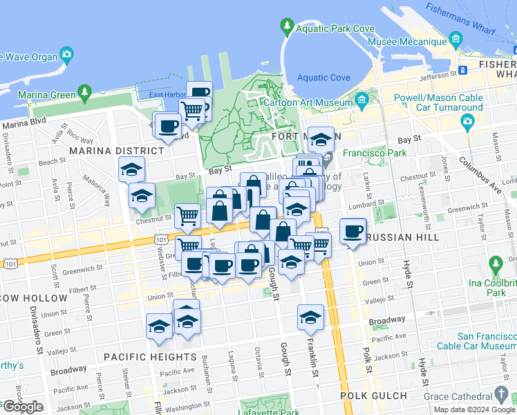 map of restaurants, bars, coffee shops, grocery stores, and more near 1525 Chestnut Street in San Francisco