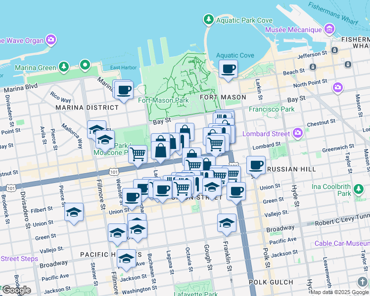map of restaurants, bars, coffee shops, grocery stores, and more near 1525 Chestnut Street in San Francisco