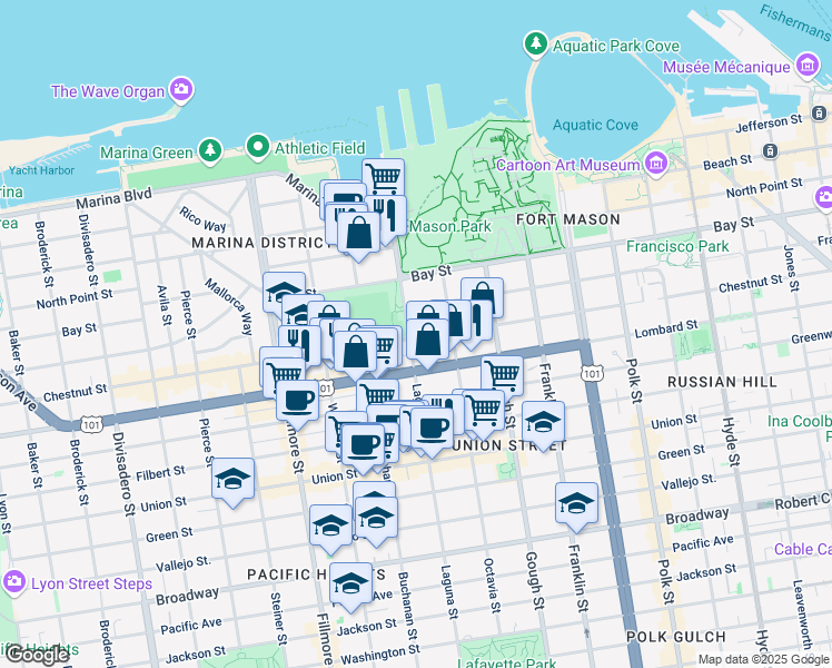 map of restaurants, bars, coffee shops, grocery stores, and more near 3255 Laguna Street in San Francisco