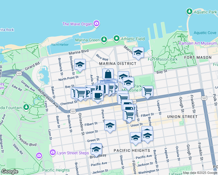 map of restaurants, bars, coffee shops, grocery stores, and more near 175 Alhambra Street in San Francisco