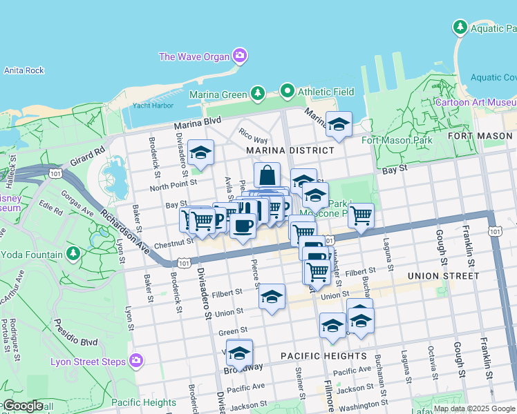map of restaurants, bars, coffee shops, grocery stores, and more near 175 Alhambra Street in San Francisco