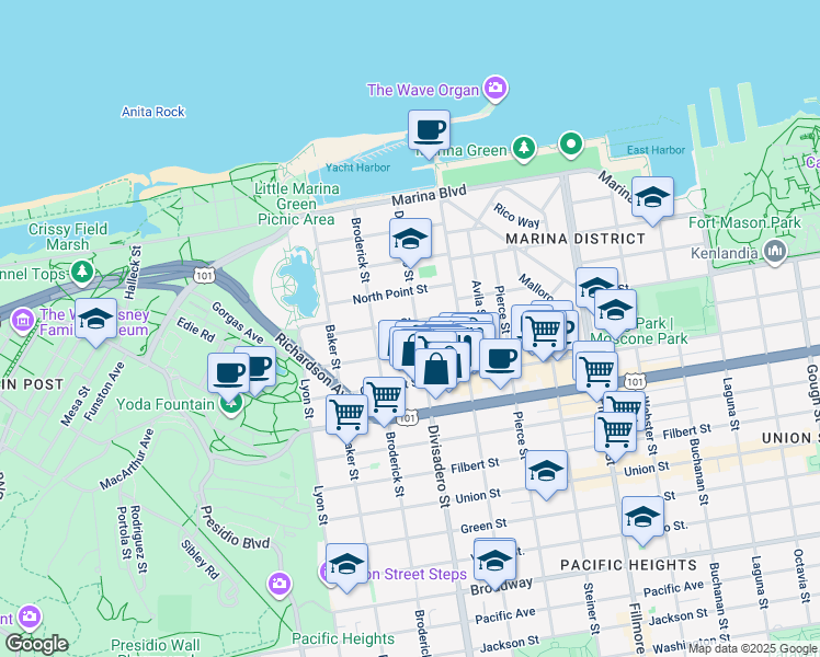 map of restaurants, bars, coffee shops, grocery stores, and more near 3445 Divisadero Street in San Francisco