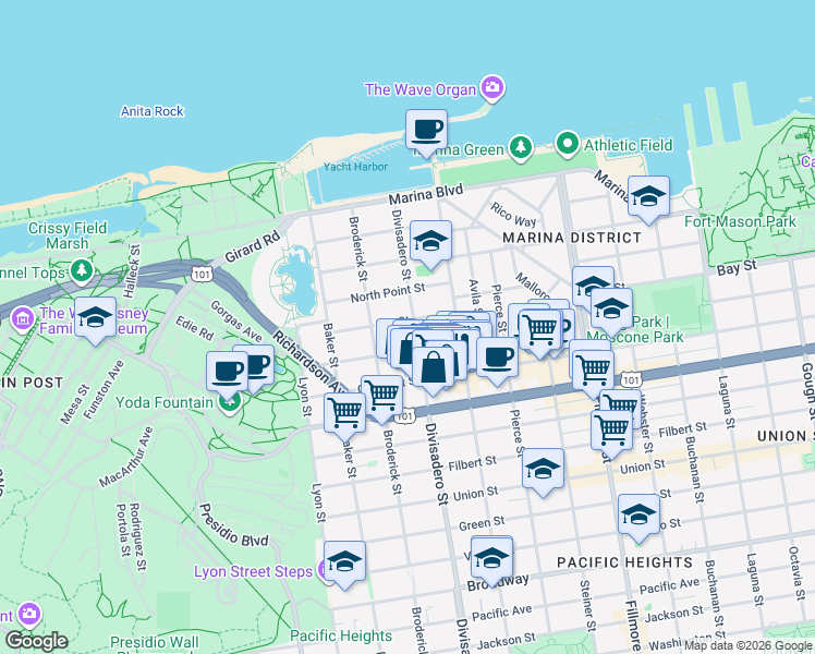 map of restaurants, bars, coffee shops, grocery stores, and more near 3445 Divisadero Street in San Francisco