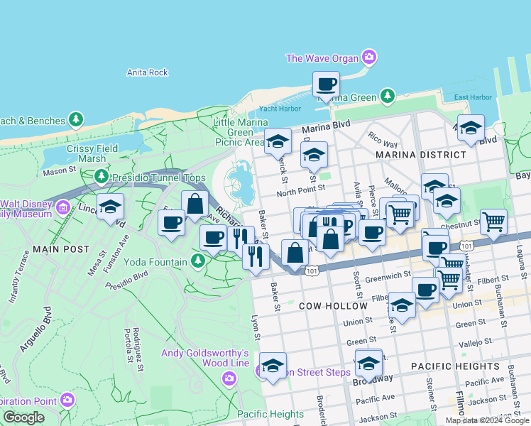 map of restaurants, bars, coffee shops, grocery stores, and more near 3300 Baker Street in San Francisco