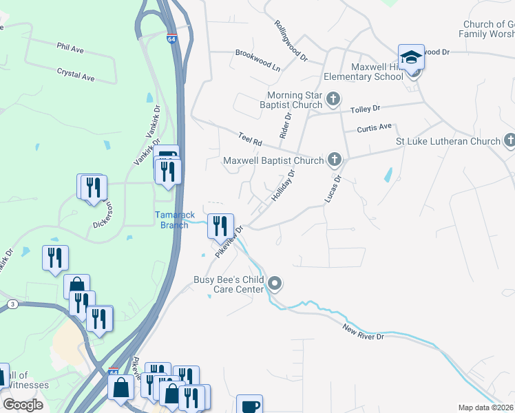 map of restaurants, bars, coffee shops, grocery stores, and more near 103 Lode Drive in Beckley