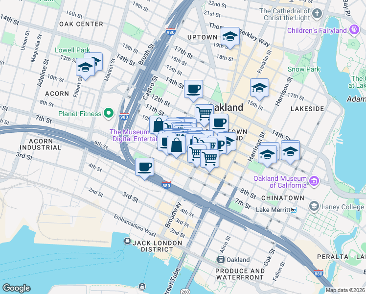 map of restaurants, bars, coffee shops, grocery stores, and more near 930 Clay Street in Oakland