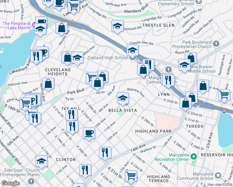 map of restaurants, bars, coffee shops, grocery stores, and more near 2739 9th Avenue in Oakland