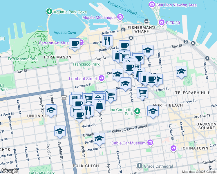 map of restaurants, bars, coffee shops, grocery stores, and more near 2222 Leavenworth Street in San Francisco