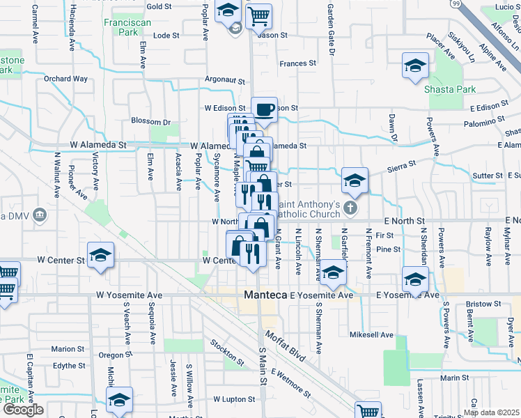 map of restaurants, bars, coffee shops, grocery stores, and more near 326 North Main Street in Manteca