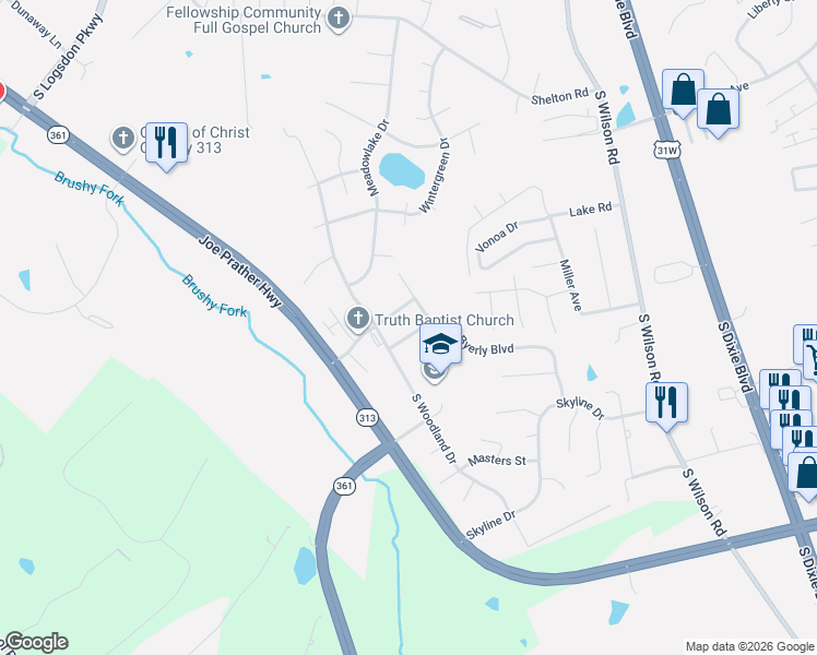 map of restaurants, bars, coffee shops, grocery stores, and more near 104 Wayne Way in Radcliff