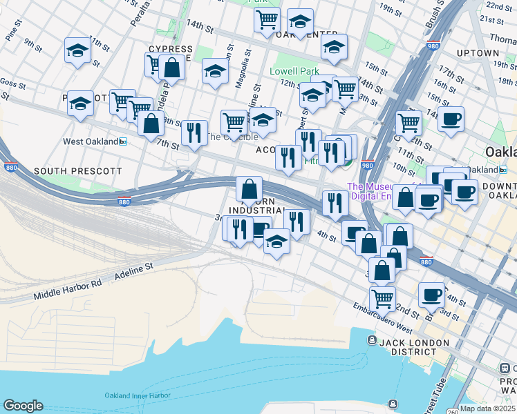 map of restaurants, bars, coffee shops, grocery stores, and more near 330 Chestnut Street in Oakland