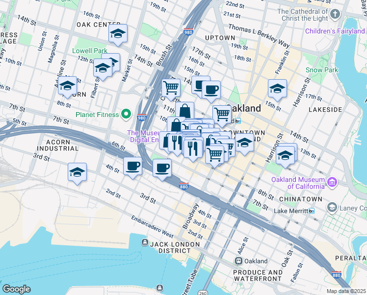 map of restaurants, bars, coffee shops, grocery stores, and more near 2 Clay Street in Oakland