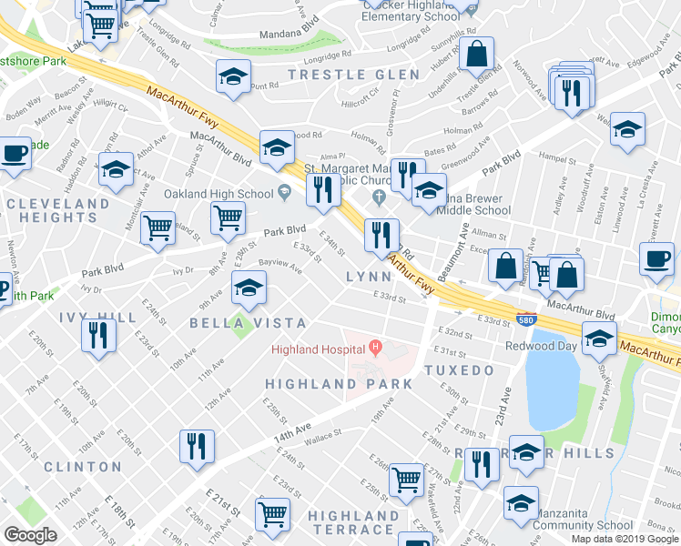 map of restaurants, bars, coffee shops, grocery stores, and more near 1208 East 33rd Street in Oakland