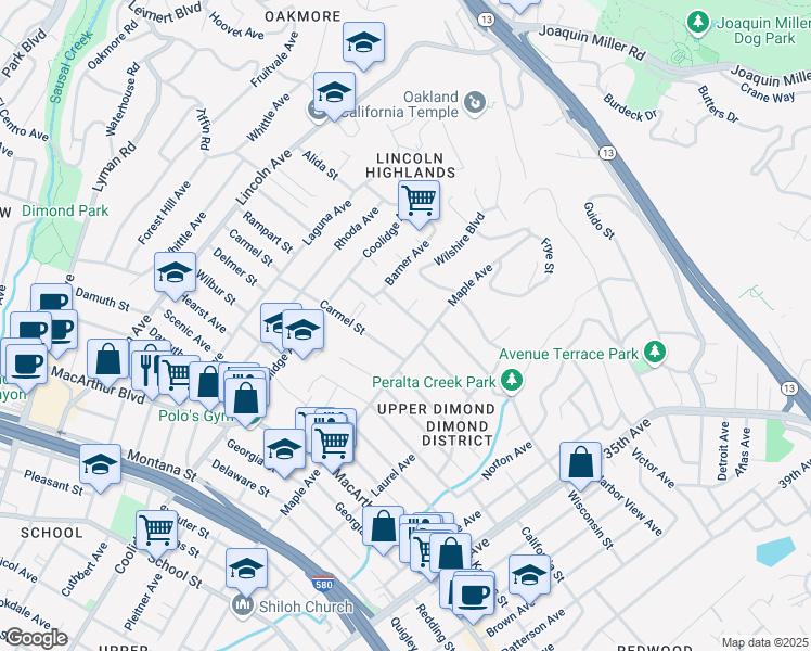 map of restaurants, bars, coffee shops, grocery stores, and more near 2935 Morgan Avenue in Oakland