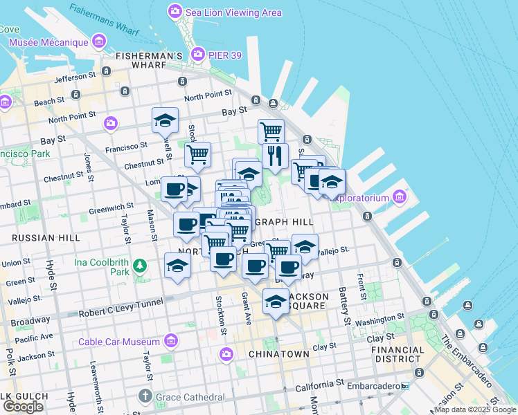 map of restaurants, bars, coffee shops, grocery stores, and more near 119 Telegraph Hill Boulevard in San Francisco