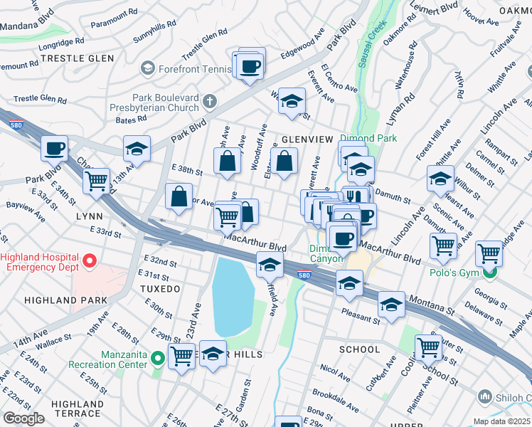 map of restaurants, bars, coffee shops, grocery stores, and more near 3701 Elston Avenue in Oakland