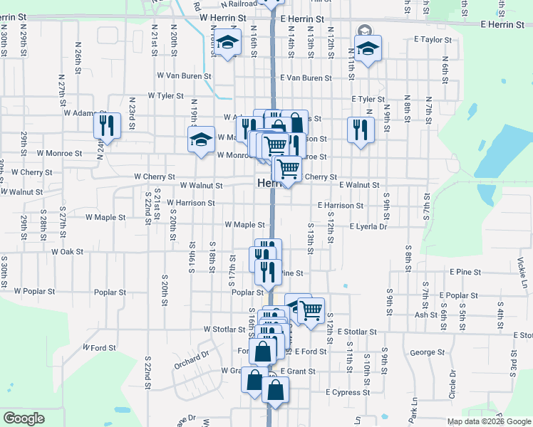 map of restaurants, bars, coffee shops, grocery stores, and more near 211 South Park Avenue in Herrin