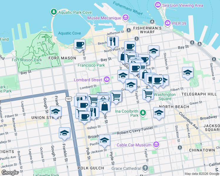 map of restaurants, bars, coffee shops, grocery stores, and more near 2215 Leavenworth Street in San Francisco