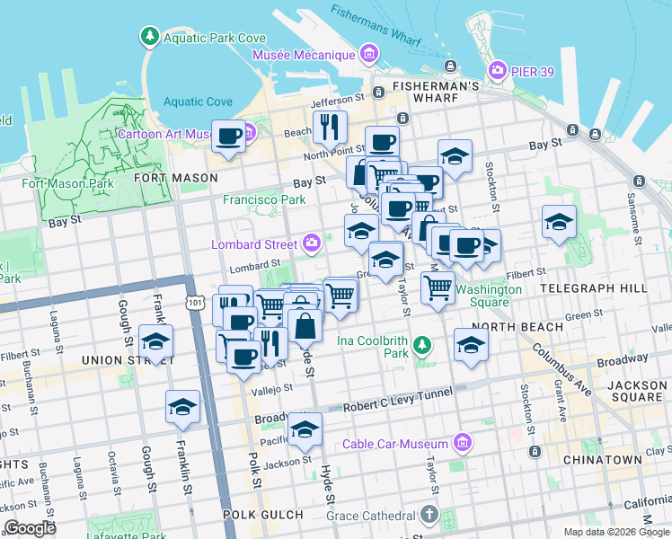 map of restaurants, bars, coffee shops, grocery stores, and more near 2222 Leavenworth Street in San Francisco
