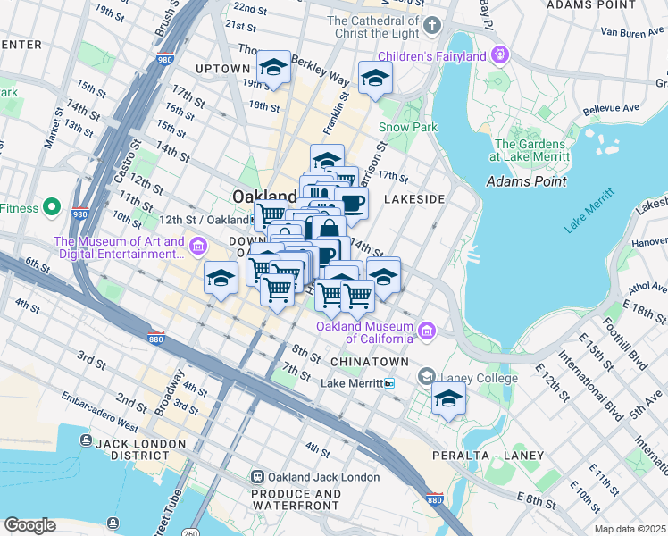 map of restaurants, bars, coffee shops, grocery stores, and more near 274 12th Street in Oakland