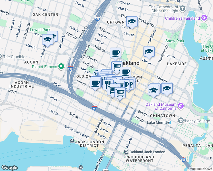 map of restaurants, bars, coffee shops, grocery stores, and more near 907 Washington Street in Oakland