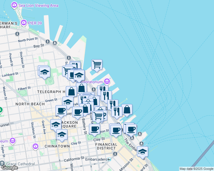 map of restaurants, bars, coffee shops, grocery stores, and more near The Embarcadero in San Francisco