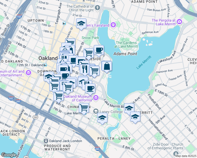 map of restaurants, bars, coffee shops, grocery stores, and more near in Oakland