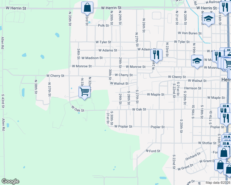 map of restaurants, bars, coffee shops, grocery stores, and more near 1518 W Harrison St in Herrin