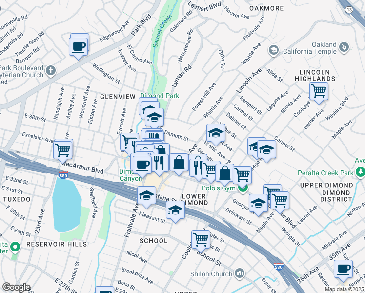 map of restaurants, bars, coffee shops, grocery stores, and more near in Oakland