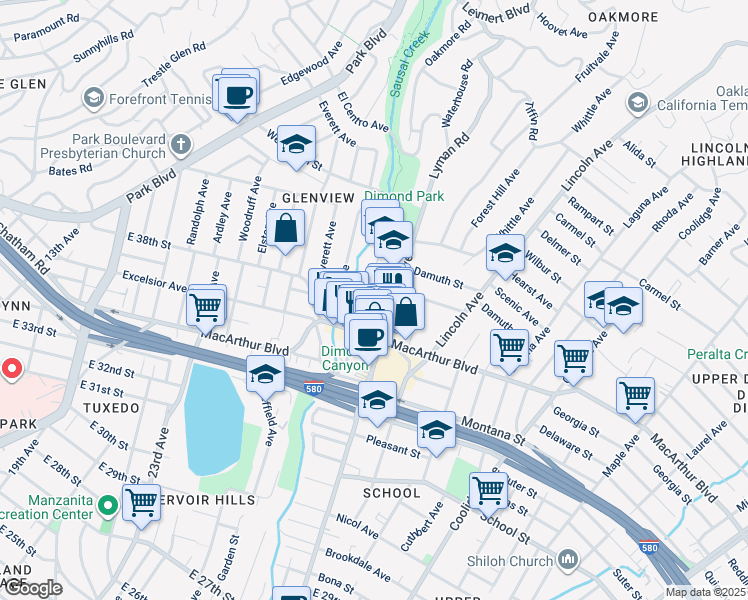 map of restaurants, bars, coffee shops, grocery stores, and more near 3541 Dimond Avenue in Oakland