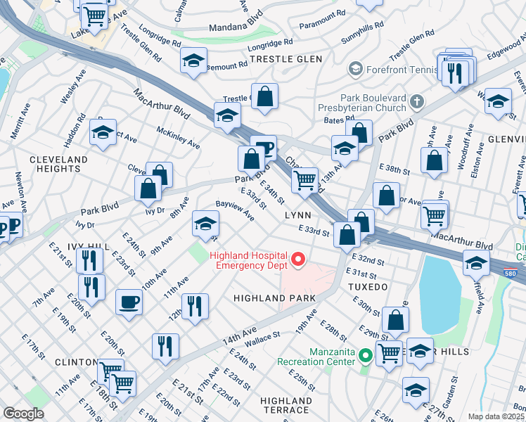 map of restaurants, bars, coffee shops, grocery stores, and more near 1208 East 33rd Street in Oakland