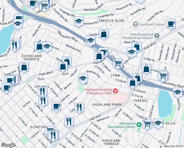 map of restaurants, bars, coffee shops, grocery stores, and more near 1039 Bella Vista Avenue in Oakland