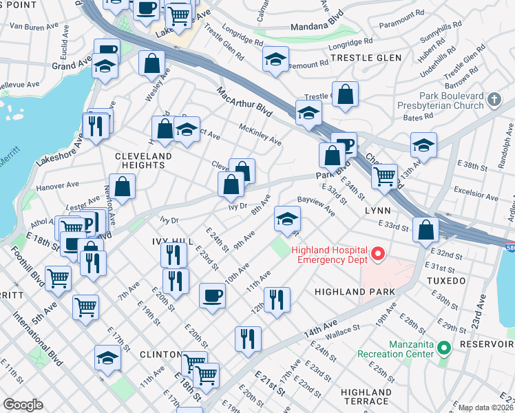 map of restaurants, bars, coffee shops, grocery stores, and more near in Oakland